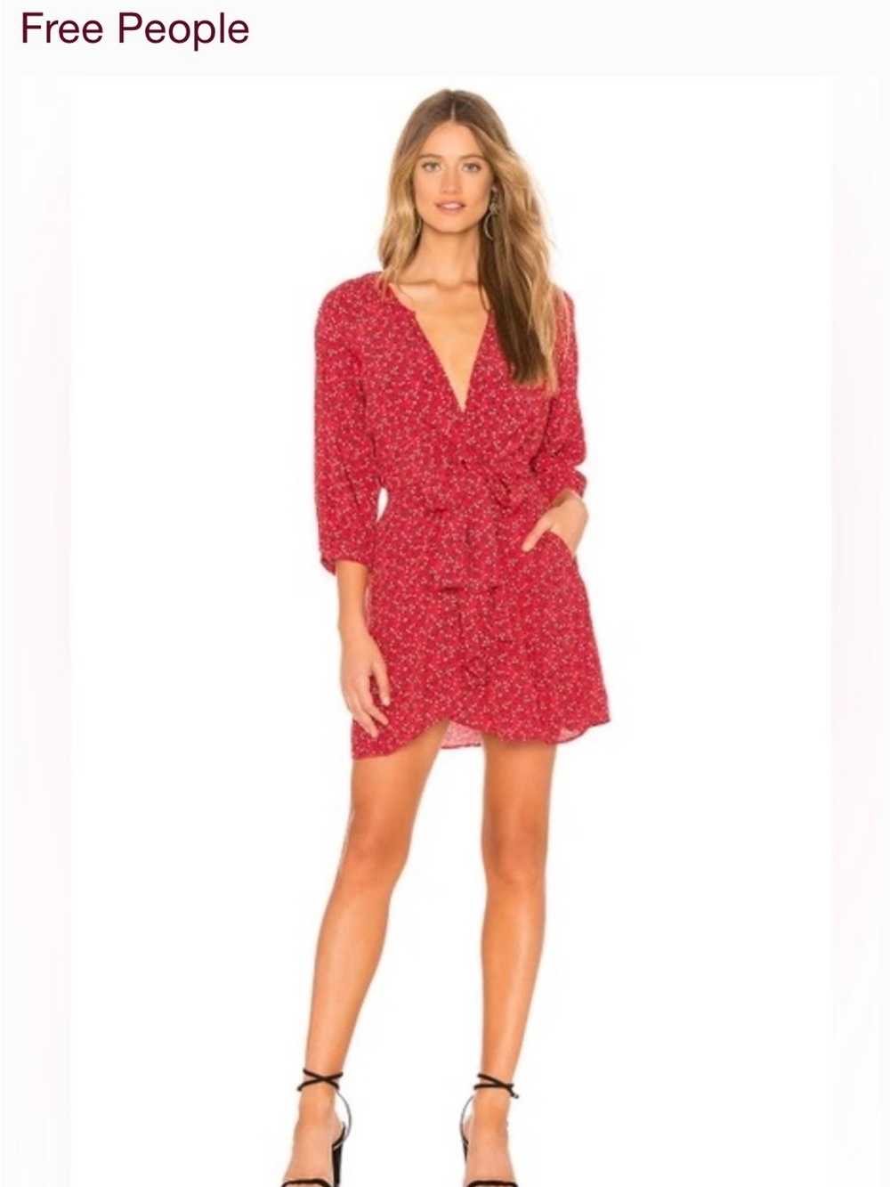 Free People Clara Mini Dress Tie Front Fit & Flare Floral Red Black Woman's‎